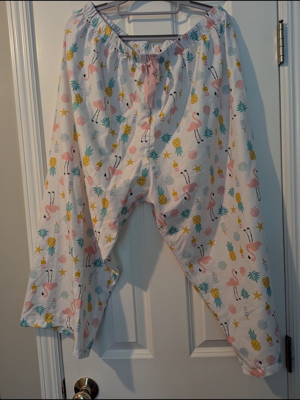 Bobbie Brooks White Pajama Pants with Pink Flamingo & Yellow Pineapple Print